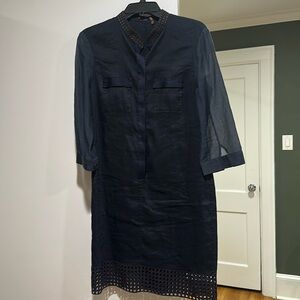 Elie Tahari Dark Navy/Black Buttoned 3/4 Sleeve Mock Neck Dress
